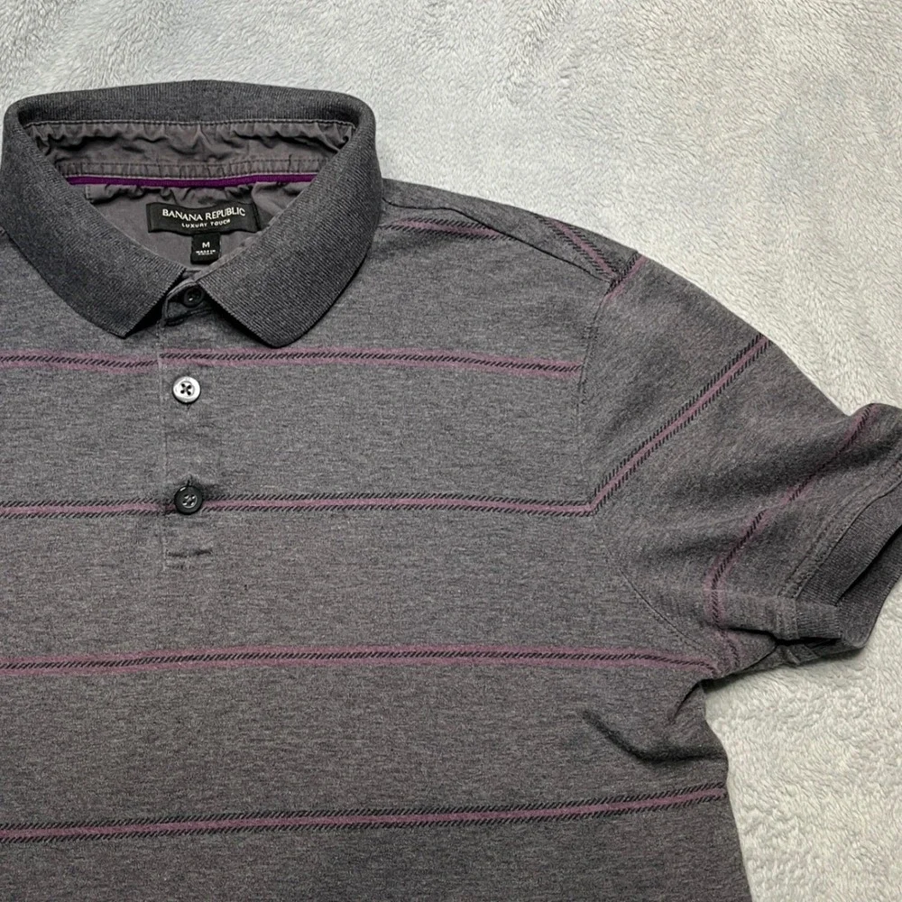Banana Republic Mens Grey Striped‎ Luxury Polo Shirt TikTok Preppy Y2K Lo-Fi